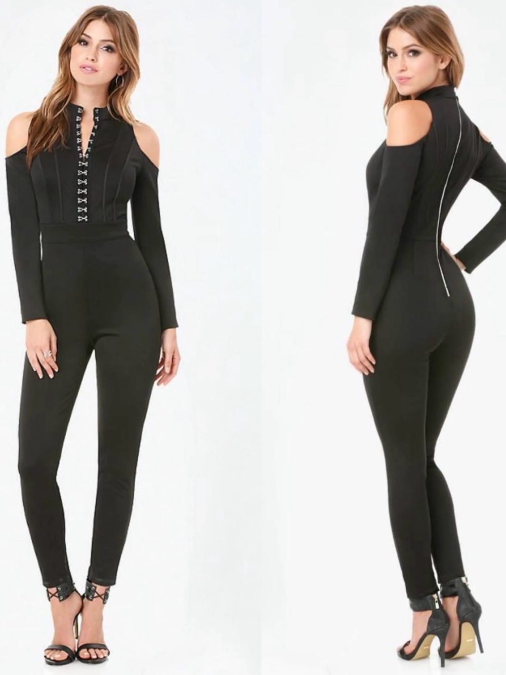 bebe Black Long-Sleeve Cold-Shoulder Jumpsuit with Embellished Placket